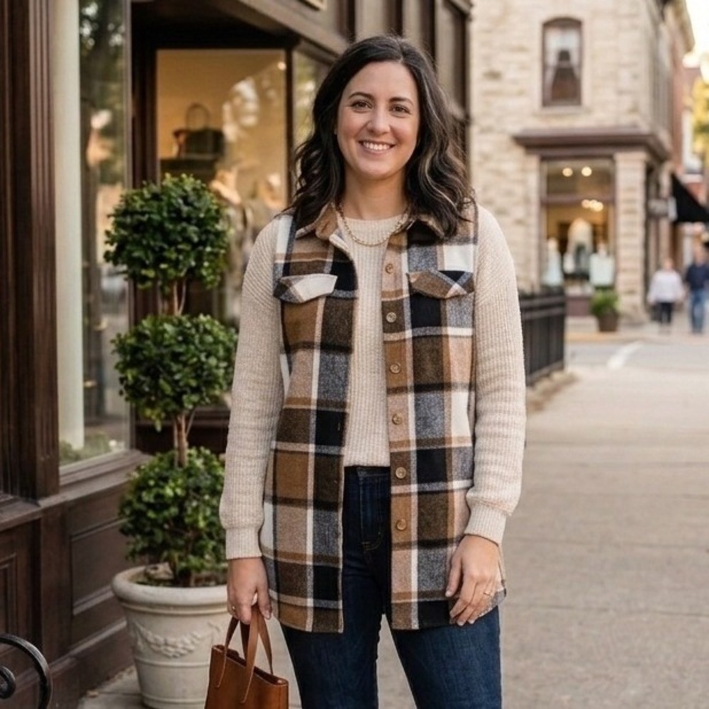 SHEIN Curve Plaid Button Down Shacket Vest Brown Black‎ 2XL